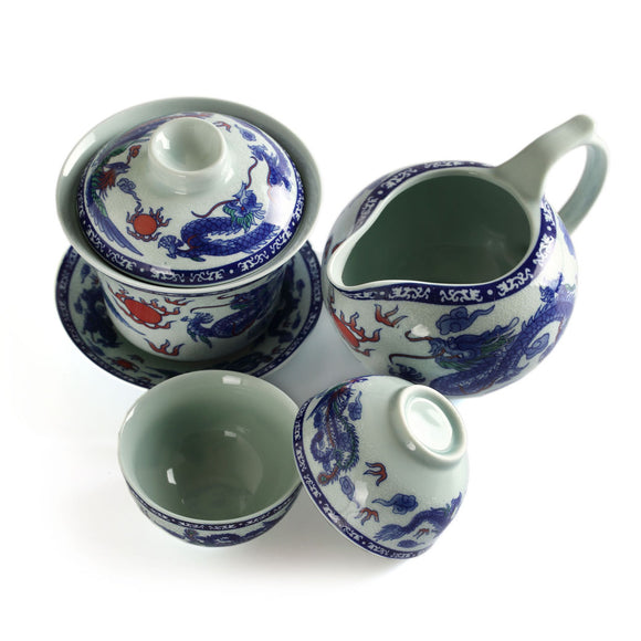 130ml Total 4pcs Chinese Porcelain Dragon & Phoenix Gaiwan Pitcher Chahai Teacups Tea Set
