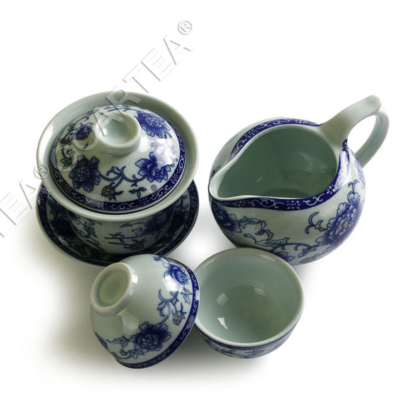 130ml Total 4pcs Chinese Porcelain Peony Flower Gaiwan Pitcher Chahai Teacups Tea Set