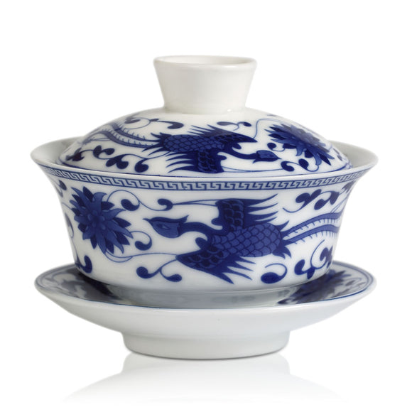 90ml Chinese Jingde Gongfu Tea Porcelain Blue Phoenix Gaiwan Teacup Cup with lid & Saucer
