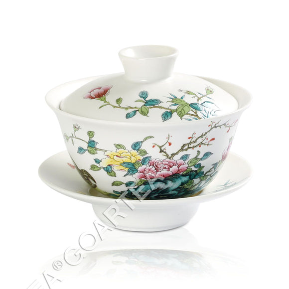 120ml Porcelain Chinese Gongfu Tea Gaiwan teacup cup with lid & Saucer - Hand Paint Peony
