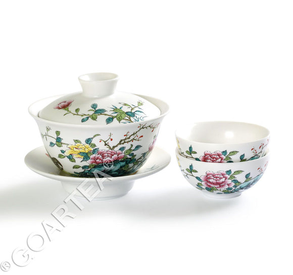 3Pcs Porcelain Chinese Gaiwan teacup Cup GongFu Tea Set 120ml - Hand Paint Peony