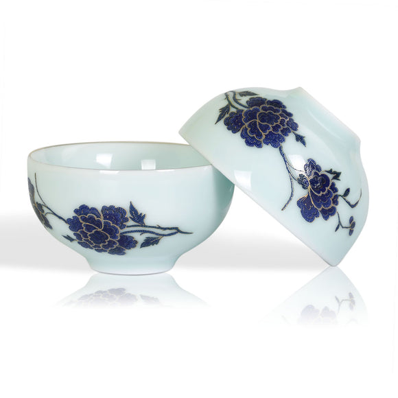 2Pcs 45ml Top Hand Paint Peony GongFu Tea Porcelain Chinese Lightgreen teacup tea Cup