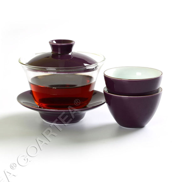 3Pcs 130ml Porcelain Glass Jingde Chinese Gaiwan Teacup Gongfu Teaset - Purple Color