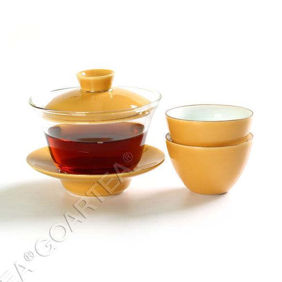 3Pcs 130ml Porcelain Glass Jingde Chinese Gaiwan Teacup Gongfu Teaset - Orange Color