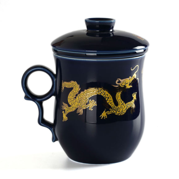 300ml Golden Dragon Ceramic Blue Porcelain Tea Mug Cup with lid Infuser Filter
