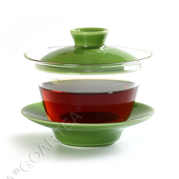 130ml Porcelain Heat-resistant Clear Glass Chinese Gongfu Tea Gaiwan teacup with lid & Saucer - Green Color