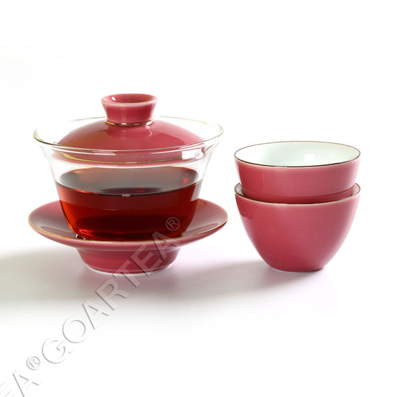3Pcs 130ml Porcelain Glass Jingde Chinese Gaiwan Teacup Gongfu Teaset - Pink Color