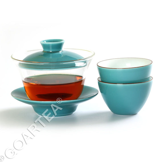 3Pcs 130ml Porcelain Glass Jingde Chinese Gaiwan Teacup Gongfu Teaset - Cyan Color