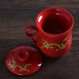 300ml Golden Dragon Ceramic Red Porcelain Tea Mug Cup with lid Infuser Filter
