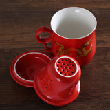 300ml Golden Dragon Ceramic Red Porcelain Tea Mug Cup with lid Infuser Filter