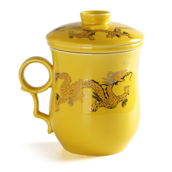 300ml Golden Dragon Ceramic Yellow Porcelain Tea Mug Cup with lid Infuser Filter